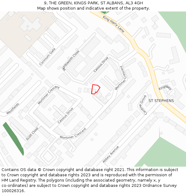 9, THE GREEN, KINGS PARK, ST ALBANS, AL3 4GH: Location map and indicative extent of plot