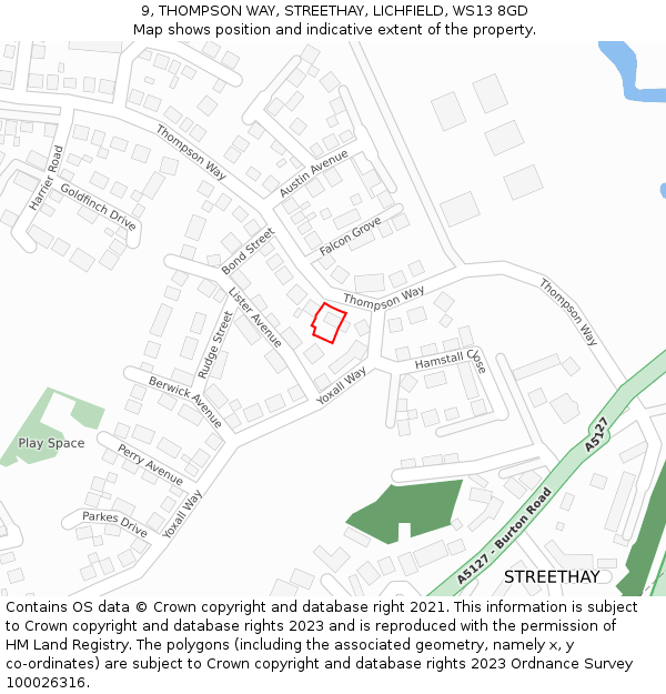 9, THOMPSON WAY, STREETHAY, LICHFIELD, WS13 8GD: Location map and indicative extent of plot