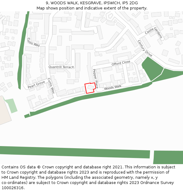 9, WOODS WALK, KESGRAVE, IPSWICH, IP5 2DG: Location map and indicative extent of plot
