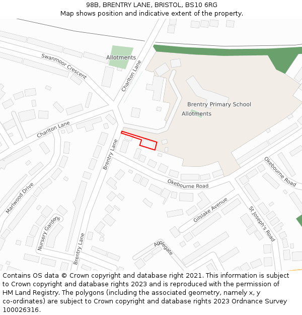 98B, BRENTRY LANE, BRISTOL, BS10 6RG: Location map and indicative extent of plot