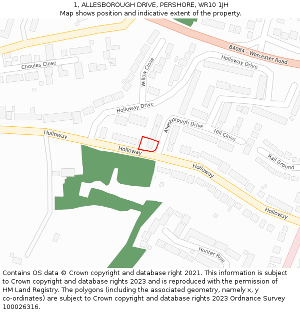 1, ALLESBOROUGH DRIVE, PERSHORE, WR10 1JH: Location map and indicative extent of plot