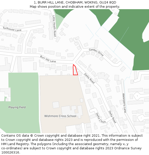 1, BURR HILL LANE, CHOBHAM, WOKING, GU24 8QD: Location map and indicative extent of plot