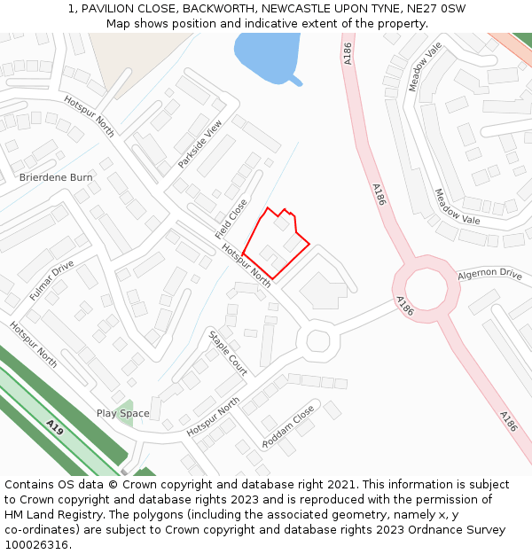 1, PAVILION CLOSE, BACKWORTH, NEWCASTLE UPON TYNE, NE27 0SW: Location map and indicative extent of plot