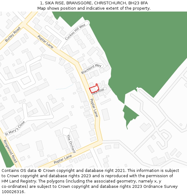 1, SIKA RISE, BRANSGORE, CHRISTCHURCH, BH23 8FA: Location map and indicative extent of plot