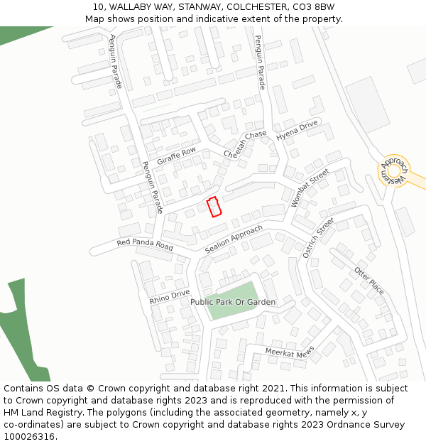 10, WALLABY WAY, STANWAY, COLCHESTER, CO3 8BW: Location map and indicative extent of plot