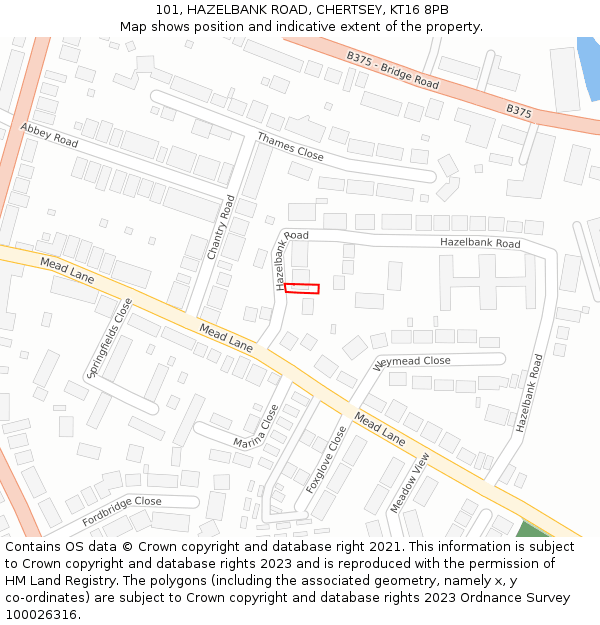 101, HAZELBANK ROAD, CHERTSEY, KT16 8PB: Location map and indicative extent of plot