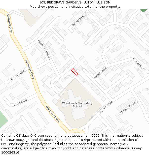 103, REDGRAVE GARDENS, LUTON, LU3 3QN: Location map and indicative extent of plot