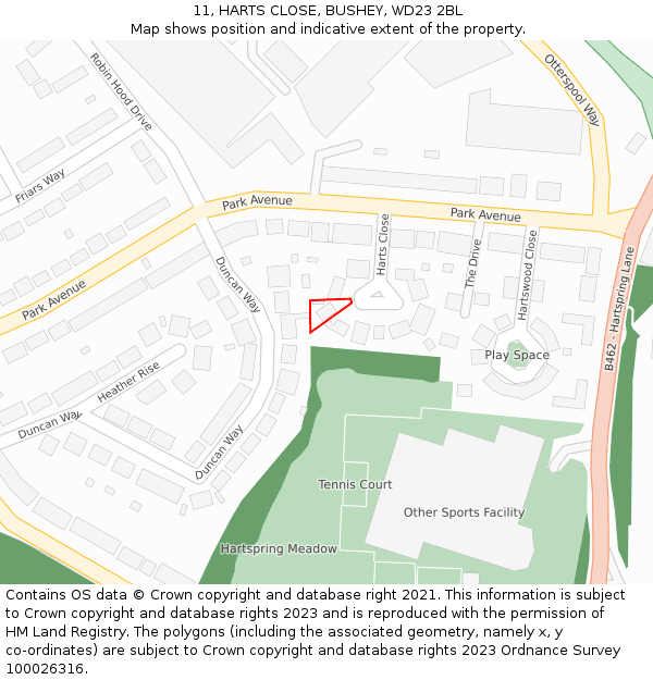 11, HARTS CLOSE, BUSHEY, WD23 2BL: Location map and indicative extent of plot