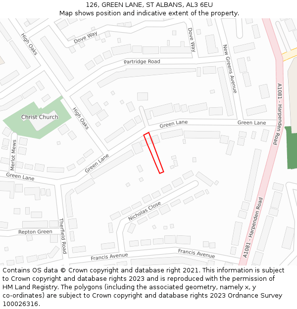 126, GREEN LANE, ST ALBANS, AL3 6EU: Location map and indicative extent of plot