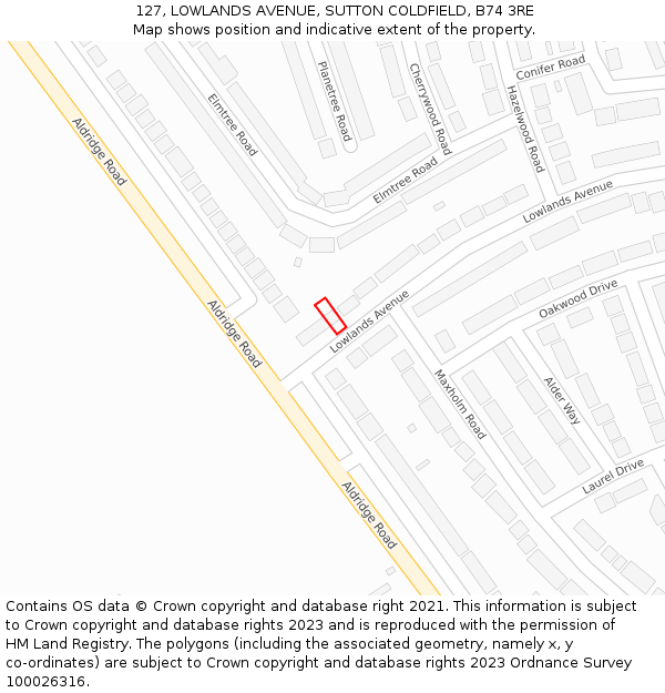 127, LOWLANDS AVENUE, SUTTON COLDFIELD, B74 3RE: Location map and indicative extent of plot