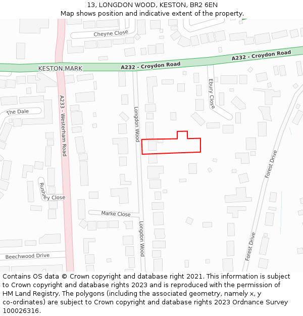 13, LONGDON WOOD, KESTON, BR2 6EN: Location map and indicative extent of plot
