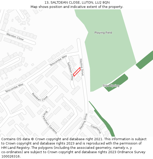 13, SALTDEAN CLOSE, LUTON, LU2 8QN: Location map and indicative extent of plot