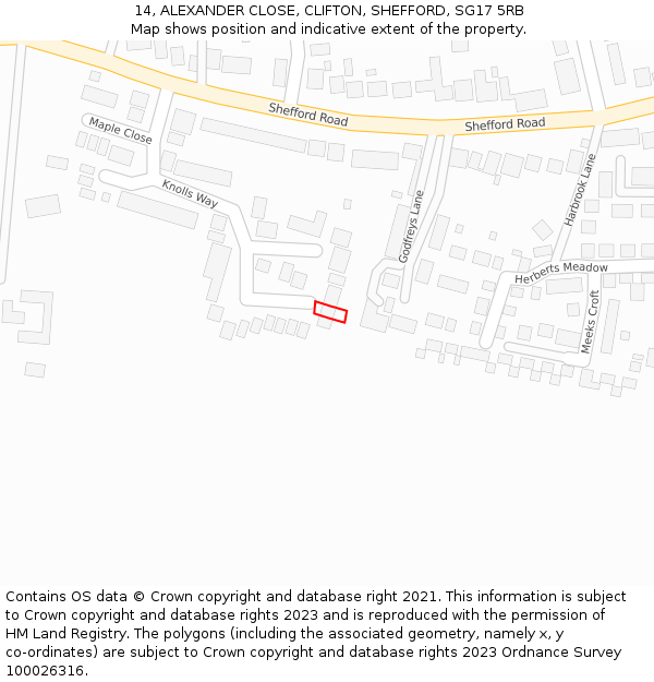 14, ALEXANDER CLOSE, CLIFTON, SHEFFORD, SG17 5RB: Location map and indicative extent of plot