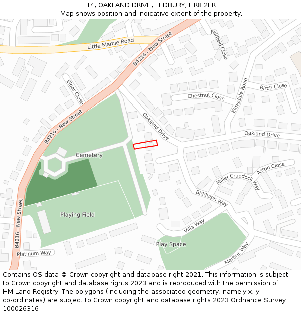 14, OAKLAND DRIVE, LEDBURY, HR8 2ER: Location map and indicative extent of plot