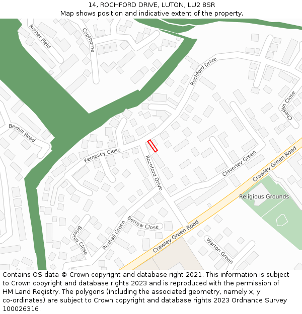14, ROCHFORD DRIVE, LUTON, LU2 8SR: Location map and indicative extent of plot