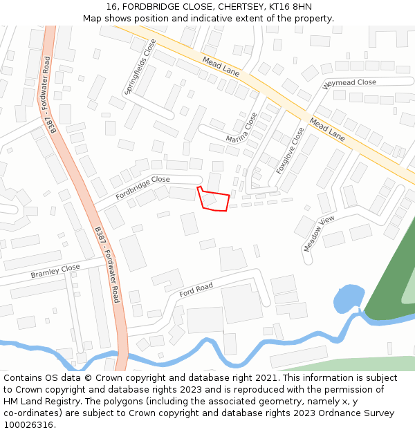 16, FORDBRIDGE CLOSE, CHERTSEY, KT16 8HN: Location map and indicative extent of plot