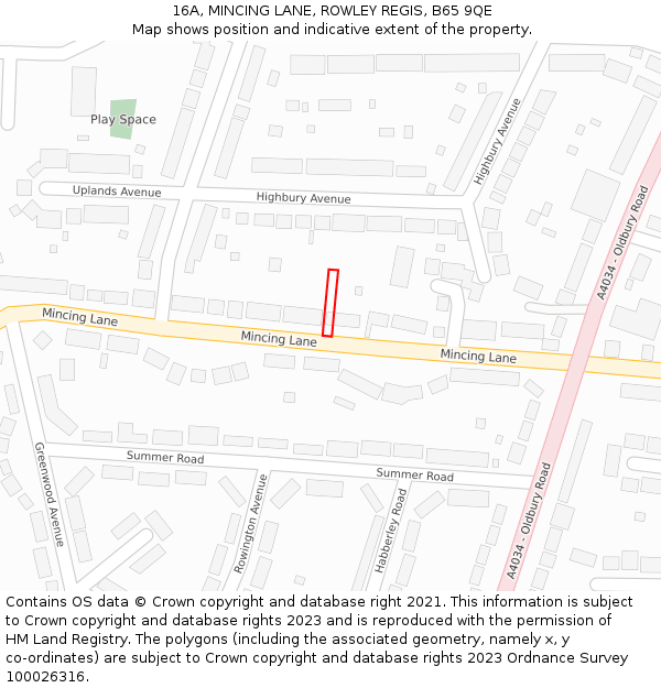 16A, MINCING LANE, ROWLEY REGIS, B65 9QE: Location map and indicative extent of plot
