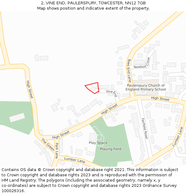 2, VINE END, PAULERSPURY, TOWCESTER, NN12 7GB: Location map and indicative extent of plot