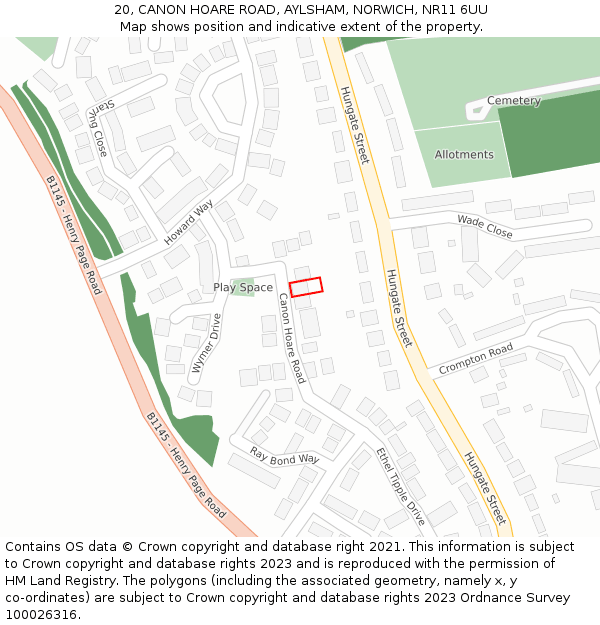 20, CANON HOARE ROAD, AYLSHAM, NORWICH, NR11 6UU: Location map and indicative extent of plot