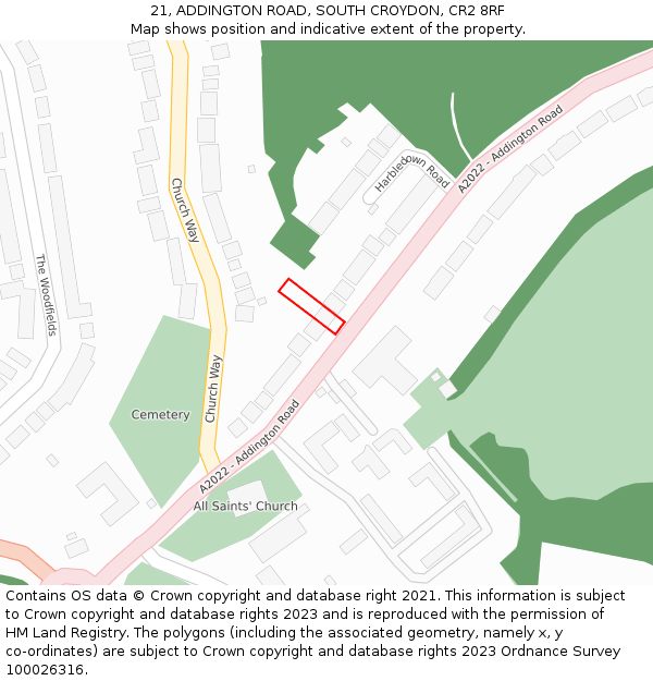 21, ADDINGTON ROAD, SOUTH CROYDON, CR2 8RF: Location map and indicative extent of plot