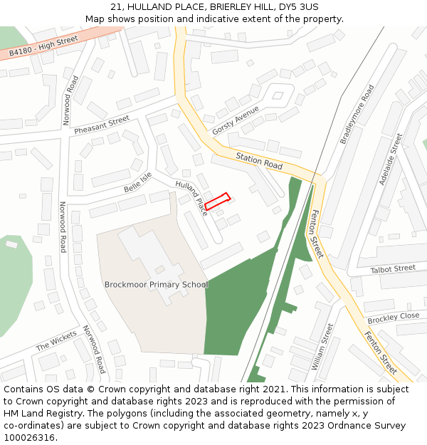 21, HULLAND PLACE, BRIERLEY HILL, DY5 3US: Location map and indicative extent of plot