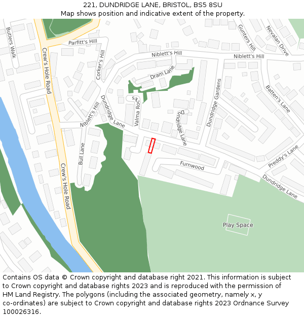 221, DUNDRIDGE LANE, BRISTOL, BS5 8SU: Location map and indicative extent of plot