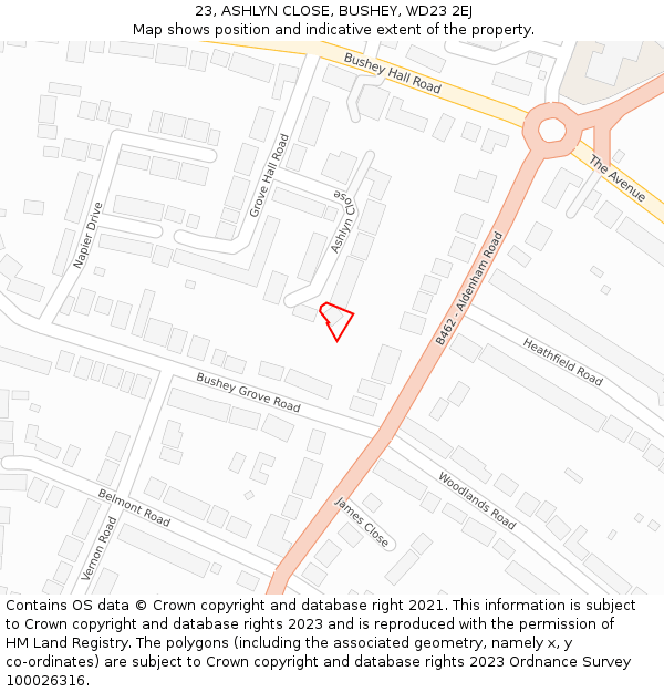 23, ASHLYN CLOSE, BUSHEY, WD23 2EJ: Location map and indicative extent of plot