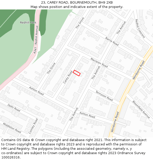 23, CAREY ROAD, BOURNEMOUTH, BH9 2XB: Location map and indicative extent of plot