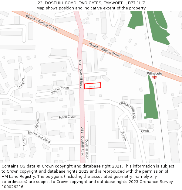 23, DOSTHILL ROAD, TWO GATES, TAMWORTH, B77 1HZ: Location map and indicative extent of plot