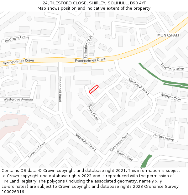 24, TILESFORD CLOSE, SHIRLEY, SOLIHULL, B90 4YF: Location map and indicative extent of plot