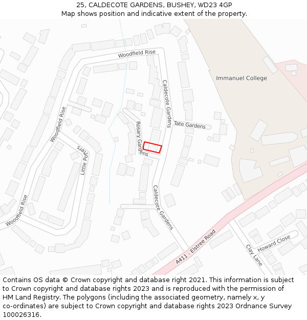 25, CALDECOTE GARDENS, BUSHEY, WD23 4GP: Location map and indicative extent of plot