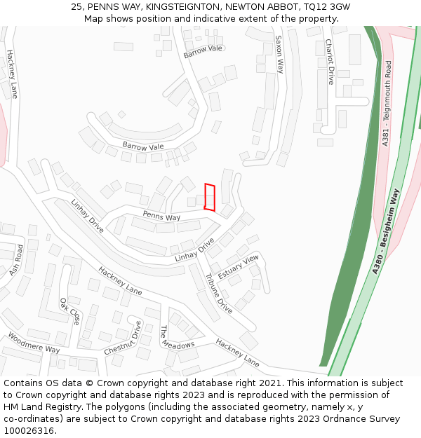 25, PENNS WAY, KINGSTEIGNTON, NEWTON ABBOT, TQ12 3GW: Location map and indicative extent of plot
