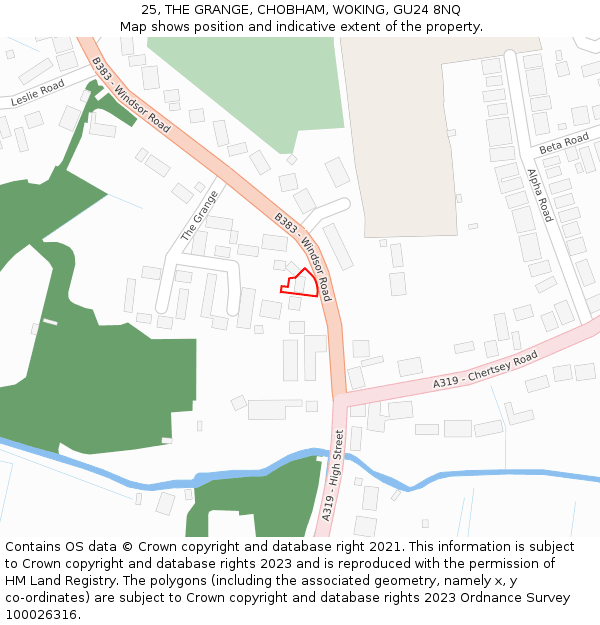 25, THE GRANGE, CHOBHAM, WOKING, GU24 8NQ: Location map and indicative extent of plot