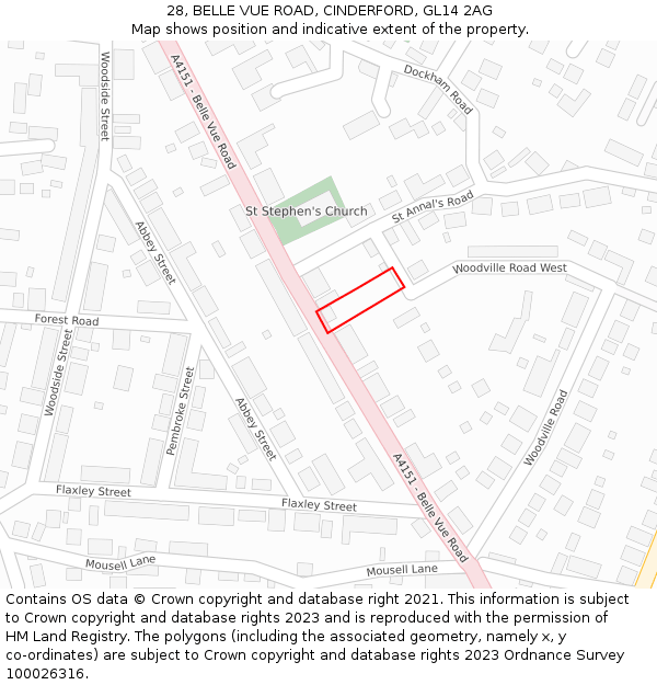 28, BELLE VUE ROAD, CINDERFORD, GL14 2AG: Location map and indicative extent of plot