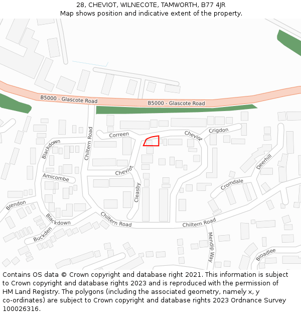 28, CHEVIOT, WILNECOTE, TAMWORTH, B77 4JR: Location map and indicative extent of plot