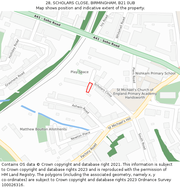 28, SCHOLARS CLOSE, BIRMINGHAM, B21 0UB: Location map and indicative extent of plot