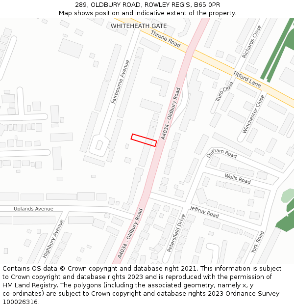 289, OLDBURY ROAD, ROWLEY REGIS, B65 0PR: Location map and indicative extent of plot