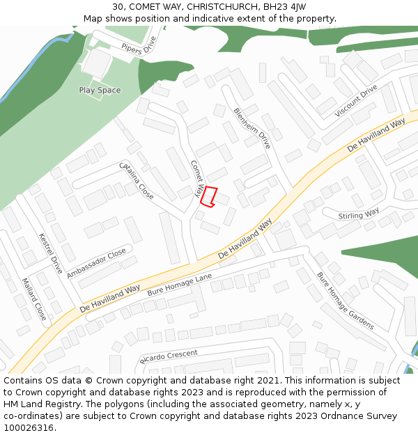 30, COMET WAY, CHRISTCHURCH, BH23 4JW: Location map and indicative extent of plot
