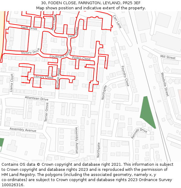 30, FODEN CLOSE, FARINGTON, LEYLAND, PR25 3EF: Location map and indicative extent of plot