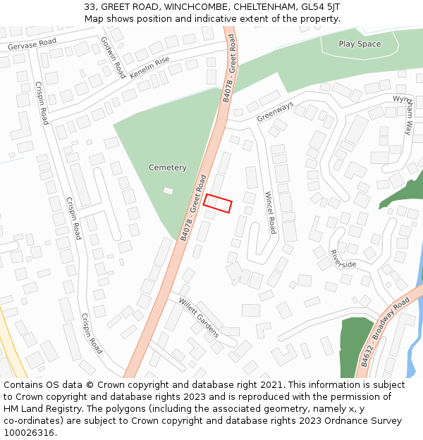 33, GREET ROAD, WINCHCOMBE, CHELTENHAM, GL54 5JT: Location map and indicative extent of plot
