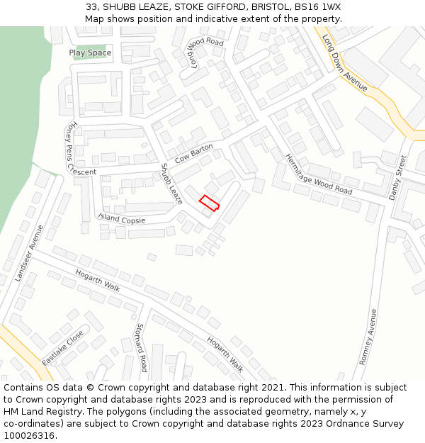 33, SHUBB LEAZE, STOKE GIFFORD, BRISTOL, BS16 1WX: Location map and indicative extent of plot