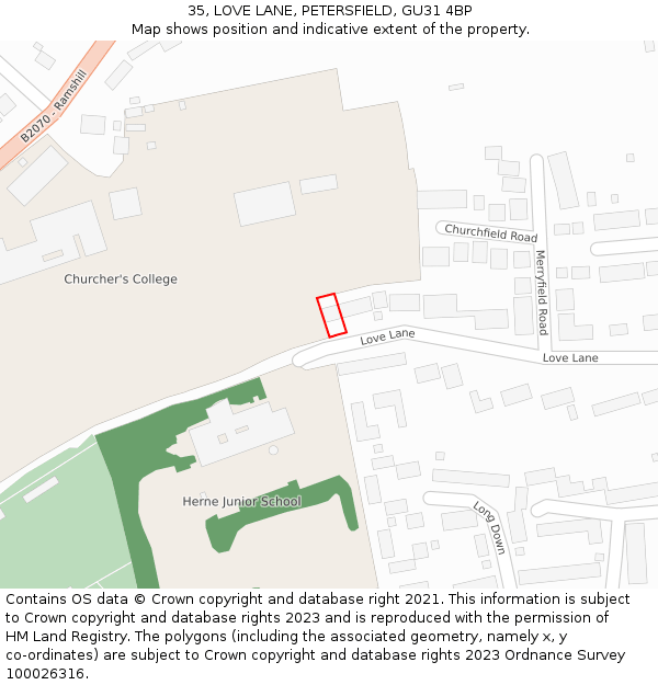 35, LOVE LANE, PETERSFIELD, GU31 4BP: Location map and indicative extent of plot