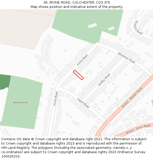 36, IRVINE ROAD, COLCHESTER, CO3 3TS: Location map and indicative extent of plot