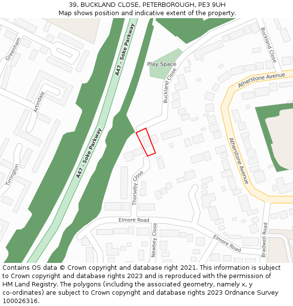 39, BUCKLAND CLOSE, PETERBOROUGH, PE3 9UH: Location map and indicative extent of plot