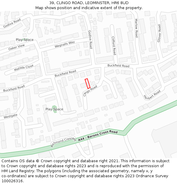 39, CLINGO ROAD, LEOMINSTER, HR6 8UD: Location map and indicative extent of plot