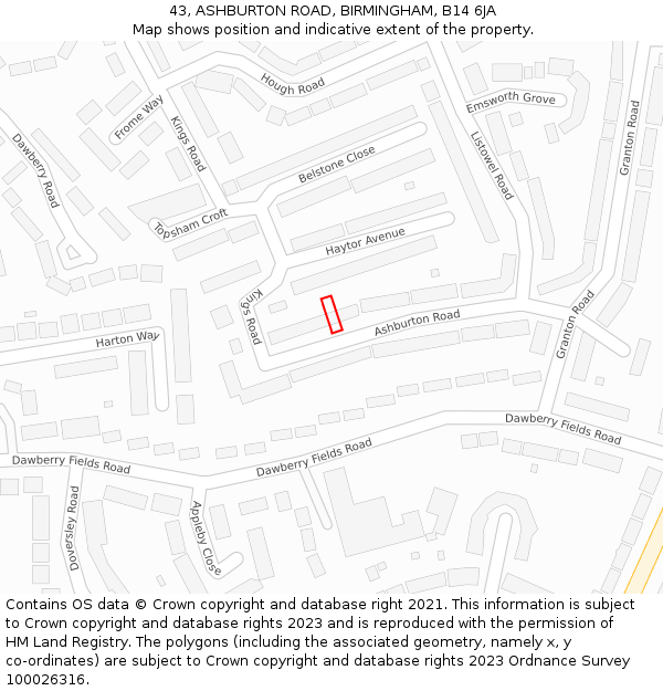 43, ASHBURTON ROAD, BIRMINGHAM, B14 6JA: Location map and indicative extent of plot