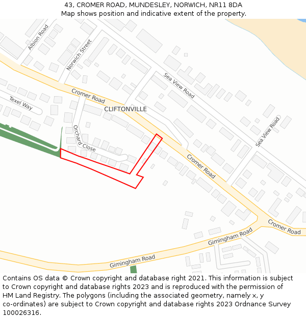 43, CROMER ROAD, MUNDESLEY, NORWICH, NR11 8DA: Location map and indicative extent of plot