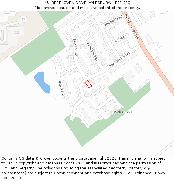 45, BEETHOVEN DRIVE, AYLESBURY, HP21 9FQ: Location map and indicative extent of plot