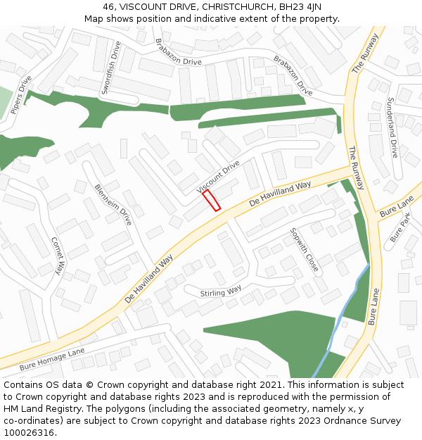 46, VISCOUNT DRIVE, CHRISTCHURCH, BH23 4JN: Location map and indicative extent of plot