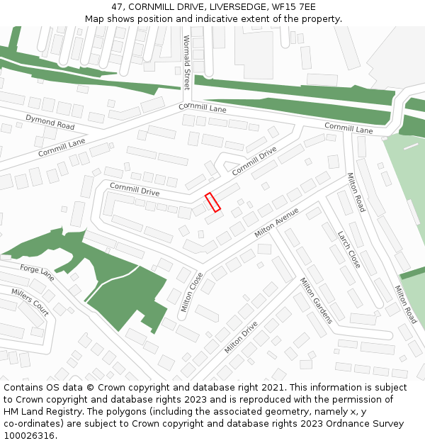 47, CORNMILL DRIVE, LIVERSEDGE, WF15 7EE: Location map and indicative extent of plot